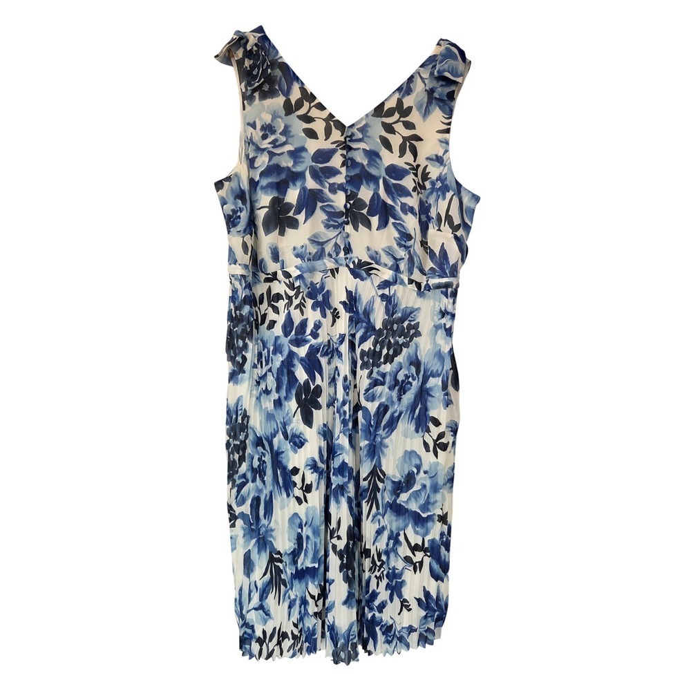 Talbots Midi Dress Floral Pleated Bow‎ Shoulder Women 20WP Blue White NWT $199